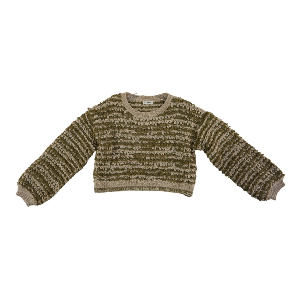 Storia Sweater Womens Size Small Olive Beige Textured Fringe Chunky Cropped Knit